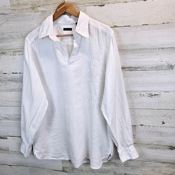 Structure 100% Linen Oversized Embroidered V-Neck Shirt Medium White Minimalist - Picture 2 of 13